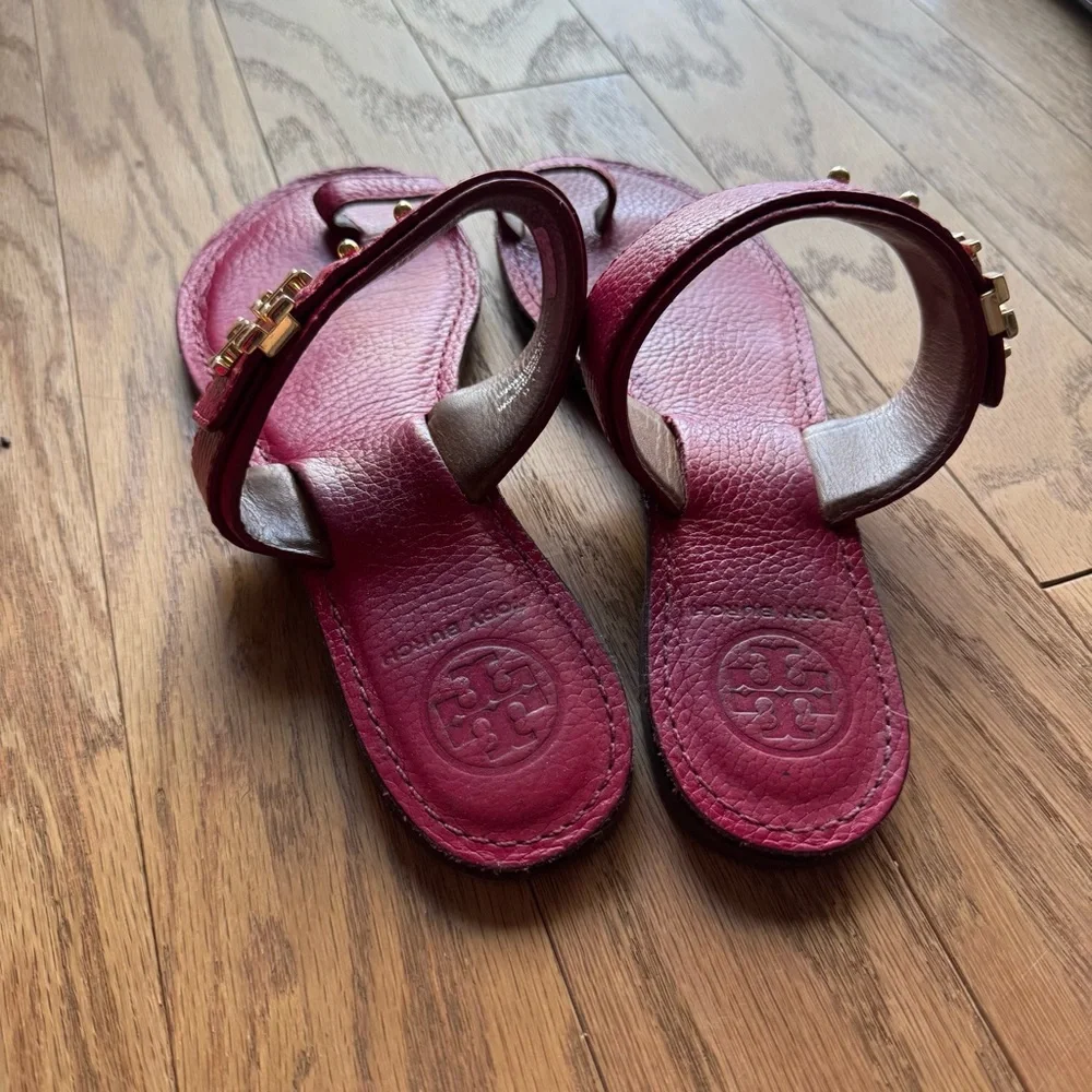 Tory Burch Red Leather Toe-Ring Slide Sandals with Gold Hardware